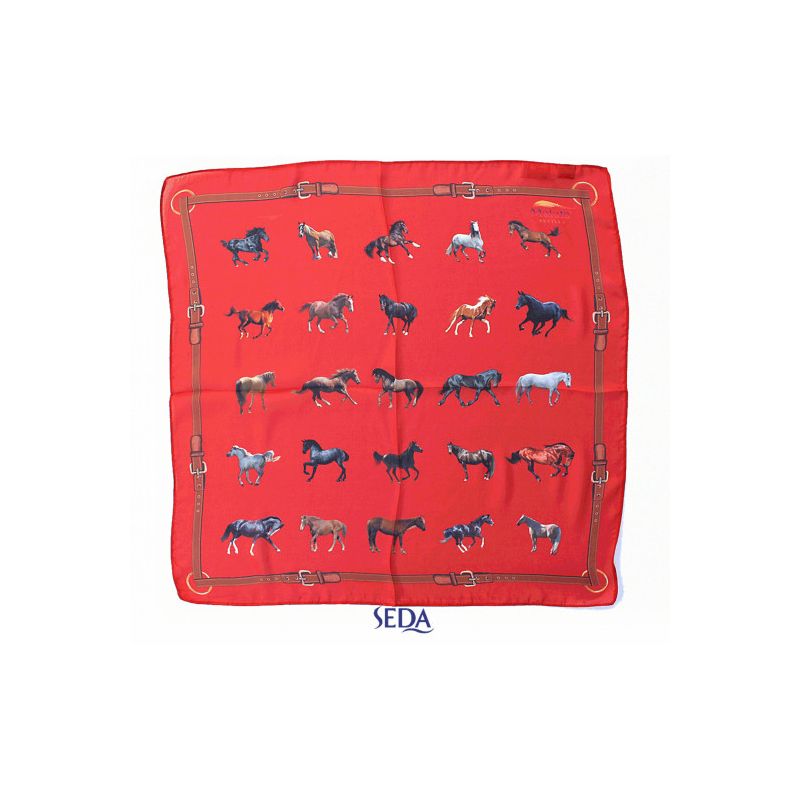 Foulard en soie avec fond rouge et motifs de chevaux