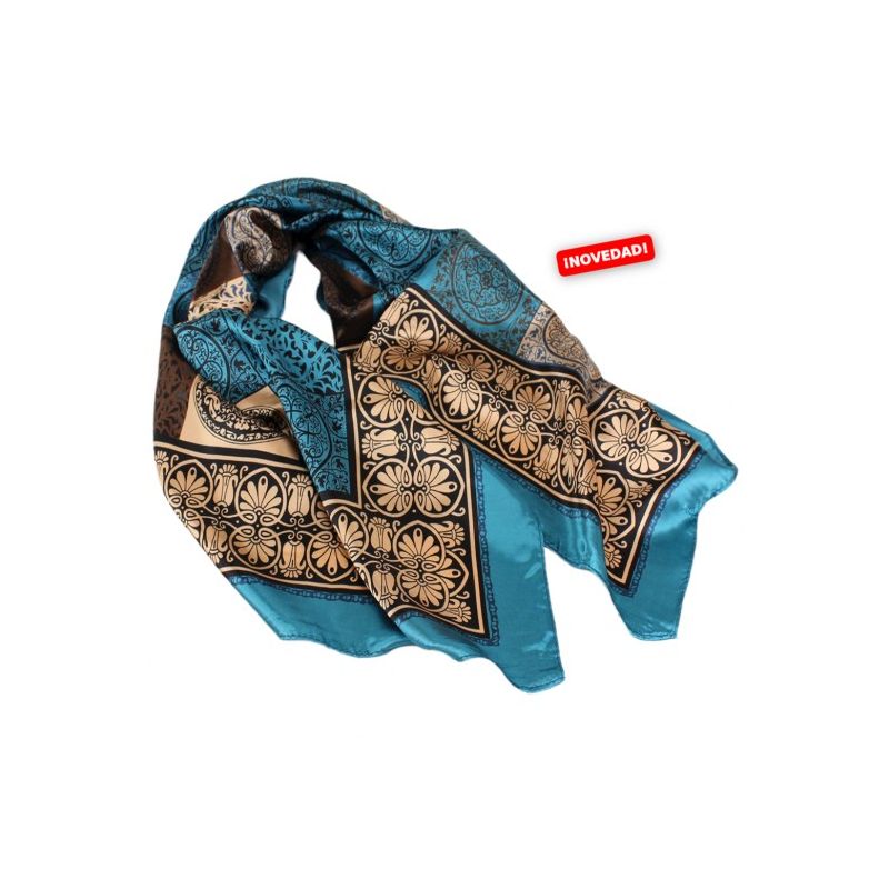 Foulard avec motifs cachemire en couleur ciel et camel