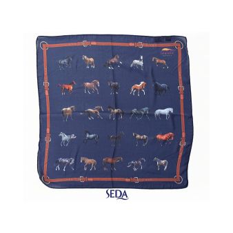 Foulard en soie avec fond marine et motifs de chevaux