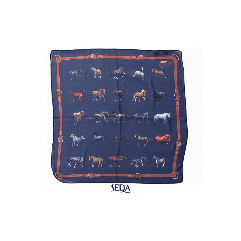 Foulard en soie avec fond marine et motifs de chevaux