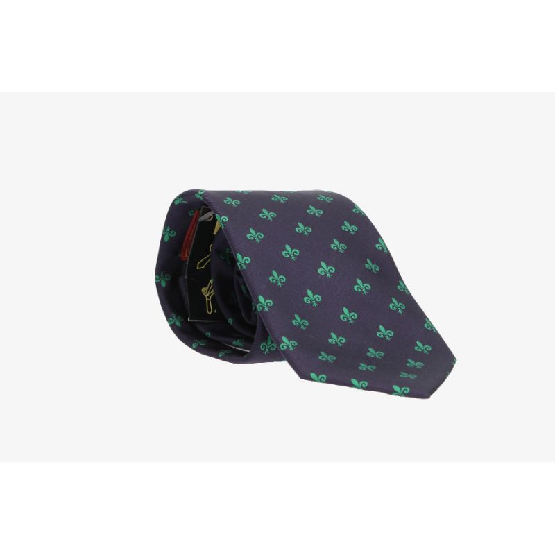 Cravate bleu marine avec motif fleur de lis vert