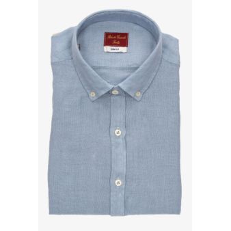 Camisa cuello botón lino petróleo