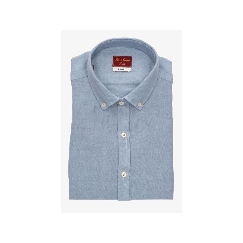 Chemise col à boutons en lin bleu pétrole