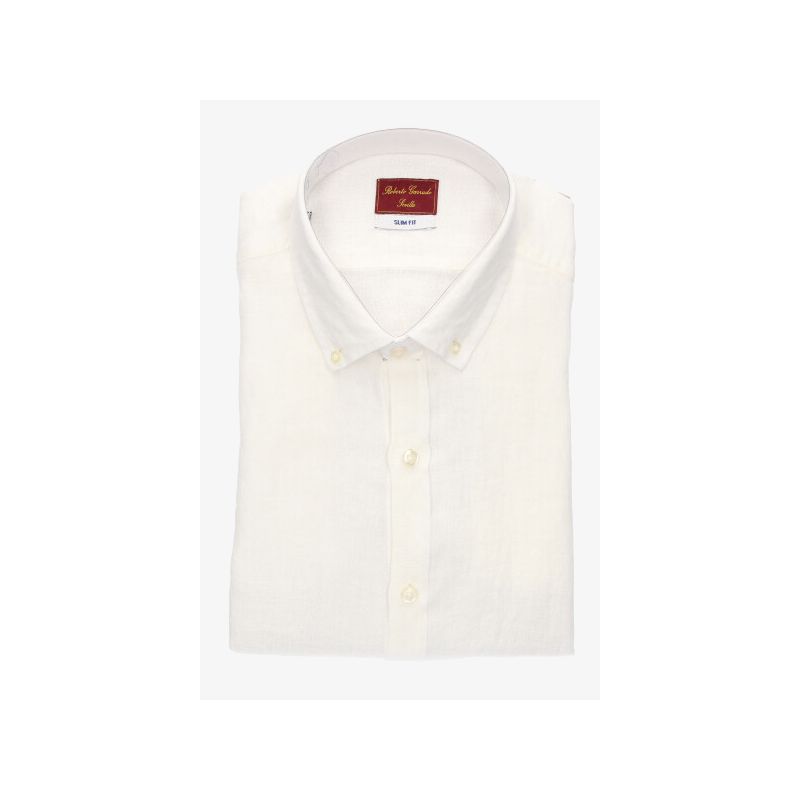 Chemise col à boutons en lin blanc