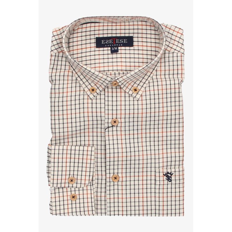 Camisa bege xadrez azul e vermelho