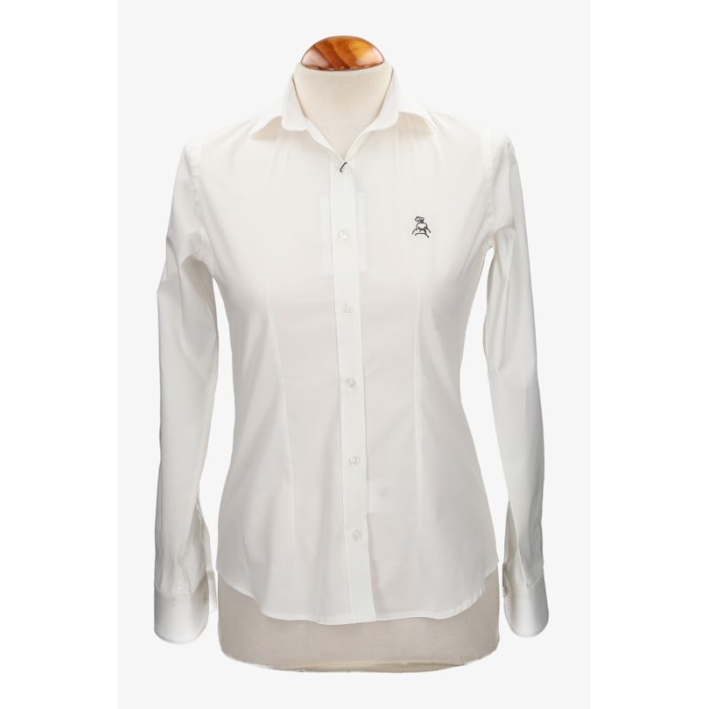 Camisa mujer popelín beige con bordado amazonas marrón