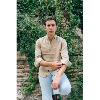 Camisa botón lino beige