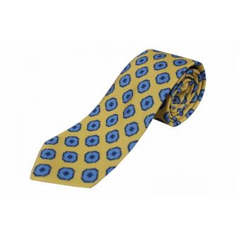 Yellow silk tie with sky blue adornment