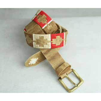 Cinturón bordado rojo tostado y beige