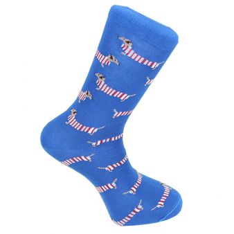 Blue sock with dachshund pattern