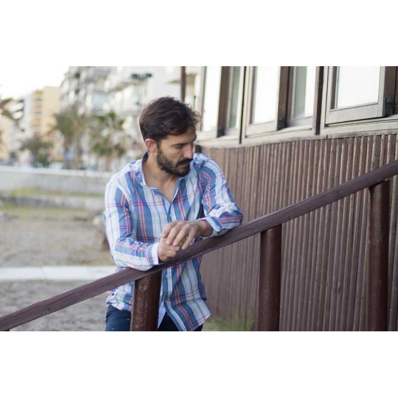 Mid-blue coloured fisherman's shirt with salmon coloured lines