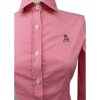 Camisa de mujer con cuadros vichy en color rojo, bordado de Camisa mujer cuadros vichy roja con detalles en el cuello y
