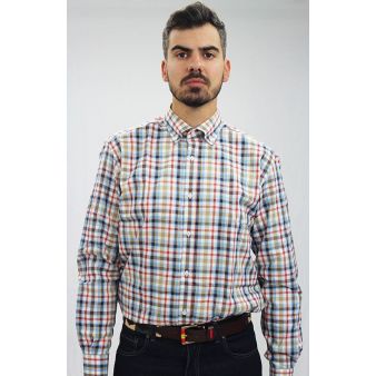 Camisa cuadros camel, azul y rojo