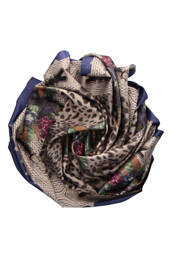 Blue Scarf with Ornaments and Animal Print