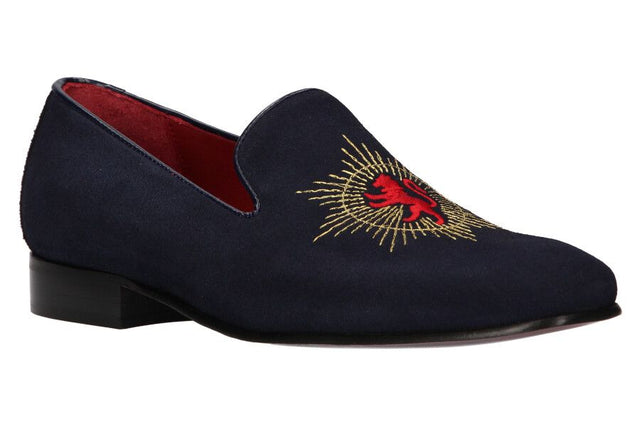 Embroidered Sun and Lion Navy Moccasin