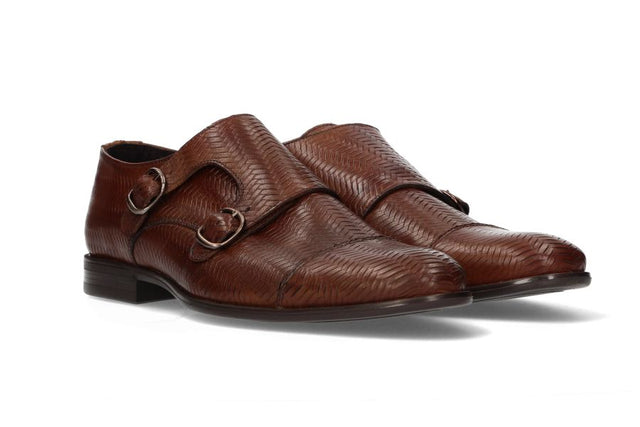 Zapato Doble Hebilla Grabado Marrón