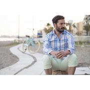 CAMISA ROSA LINEAS AZULES