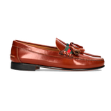 MOCASSINS EN CUIR AVEC POMPONS ET BANDE VERTE-ROUGE-VERTE EN CUIR