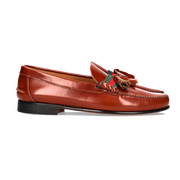 MOCASSINS EN CUIR AVEC POMPONS ET BANDE VERTE-ROUGE-VERTE EN CUIR