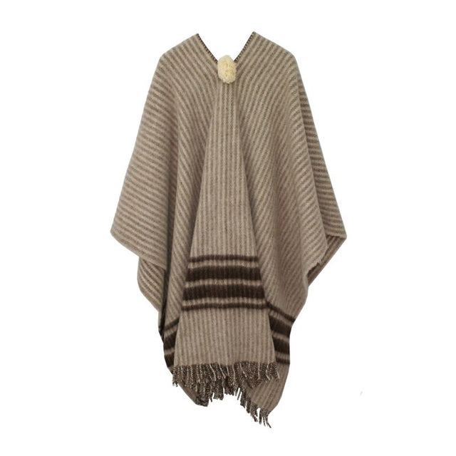 Taupe Poncho with Brown Stripes
