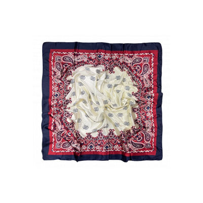 Navy Border Scarf with Red Cashmere Trim and Beige Center