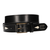 BLACK LEATHER BELT WITH PINEAPPLE AND DESIGN