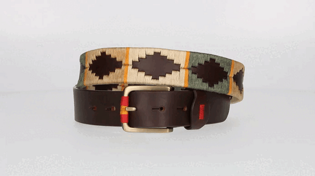 BROWN BELT WITH BEIGE-TAN-GREEN EMBROIDERY
