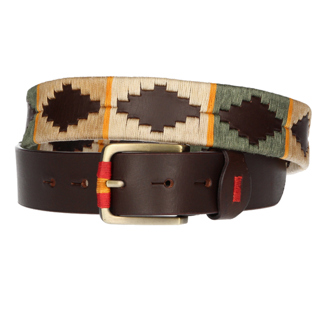 BROWN BELT WITH BEIGE-TAN-GREEN EMBROIDERY