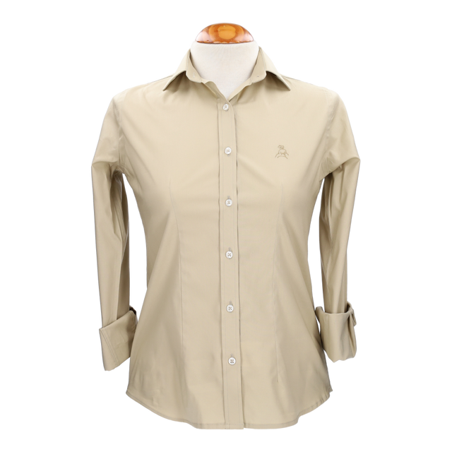 Camel Poplin Women's Shirt with Navy Amazon Embroidery