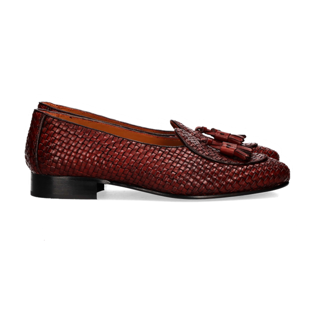 MOCASSIN TRESSÉ À POMPONS BORDEAUX
