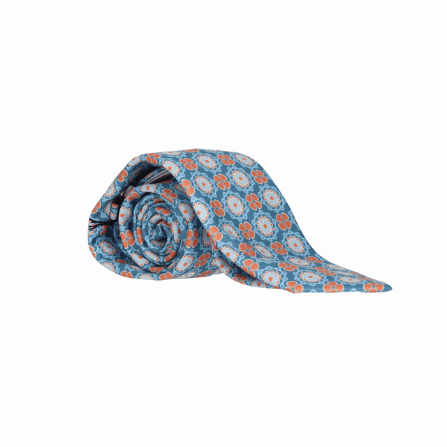 CORBATA AZUL FLORES NARANJA