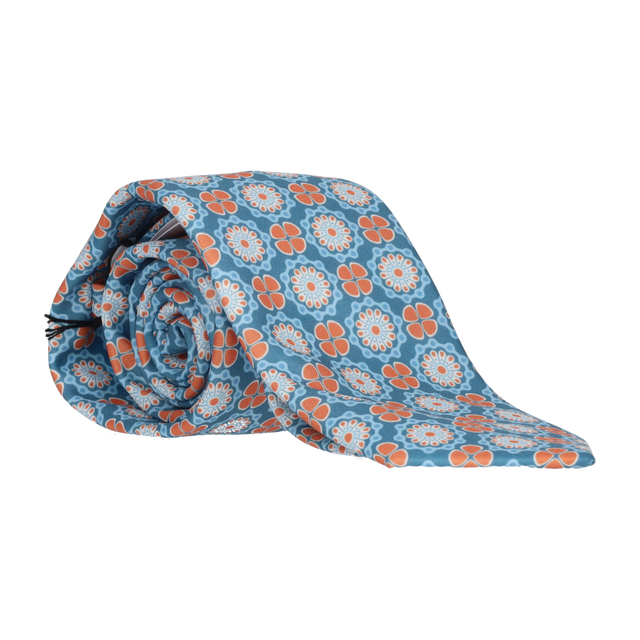CORBATA AZUL FLORES NARANJA