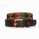 CINTURÓN 3.5 CM MARRÓN HILO VERDE/CAMEL/ROJO