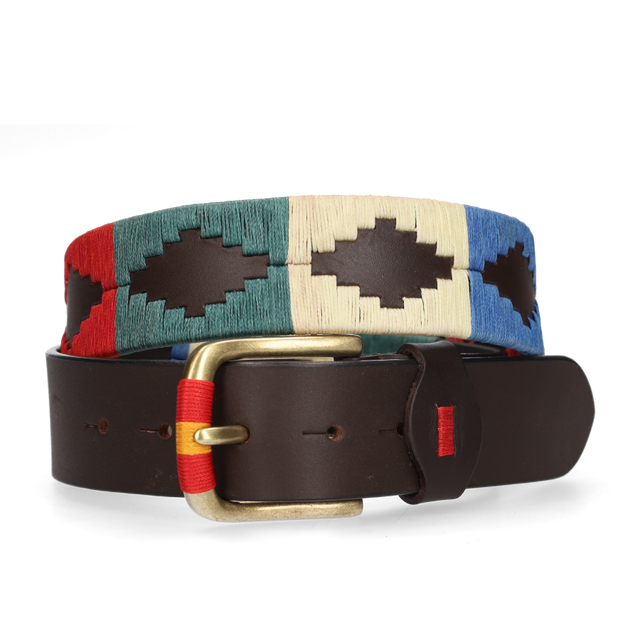 CINTURÓN 4 CM MARRÓN BORDADO ROJO/AZUL/BEIG