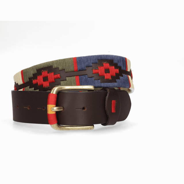 CINTURÓN 4 CM MARRON BORDADO AZUL/ROJO/VERDE