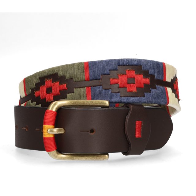 CINTURÓN 4 CM MARRON BORDADO AZUL/ROJO/VERDE