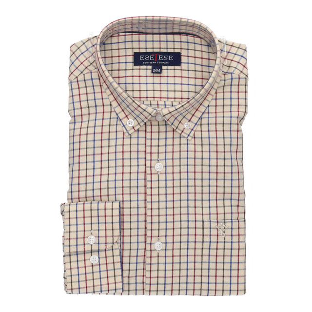 CAMISA BEIGE CUADROS AZUL-BURDEOS