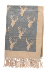 Bufanda Reversible con Estampado de Ciervo Camel/Gris