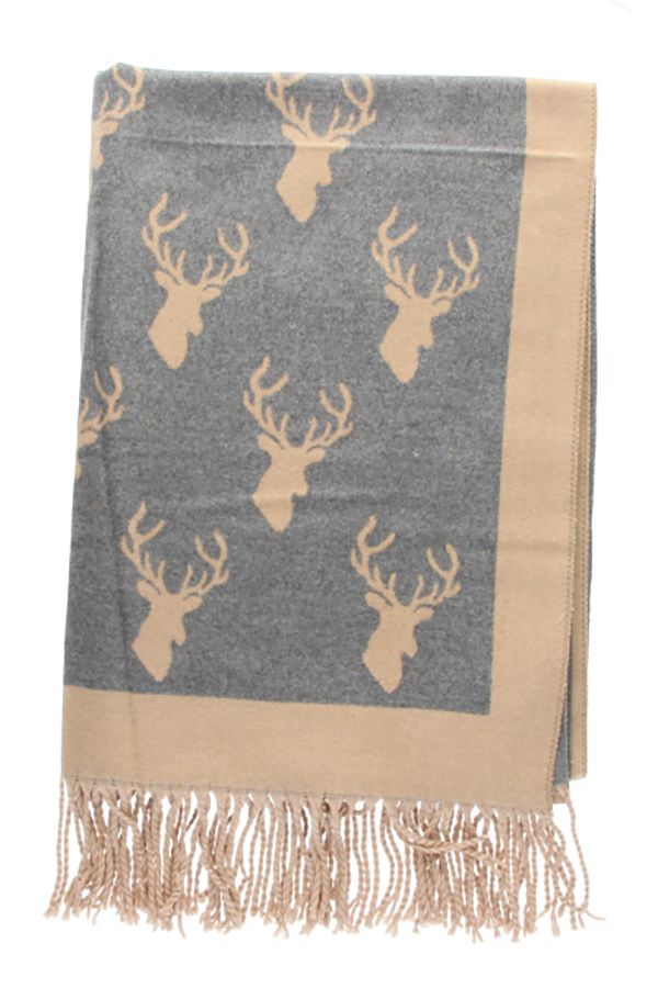Bufanda Reversible con Estampado de Ciervo Camel/Gris