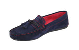 Navy Suede Mask and Knot Tuft with Red Stitching
