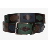 Blue, green and brown engraved belt