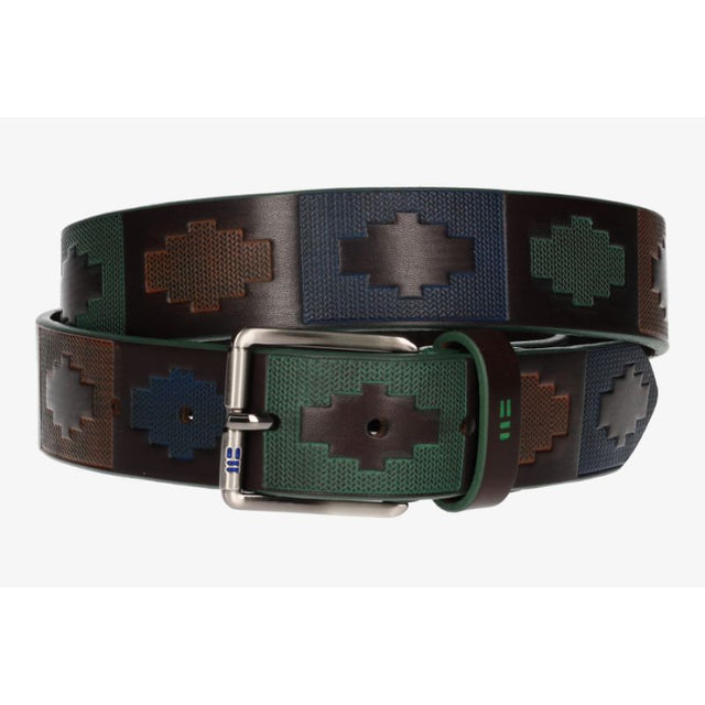 Blue, green and brown engraved belt