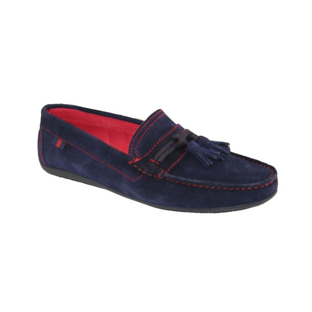 Navy Suede Mask and Knot Tuft with Red Stitching