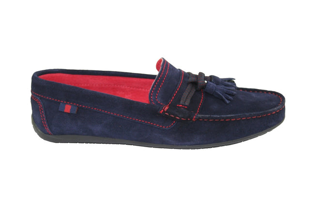 Navy Suede Mask and Knot Tuft with Red Stitching