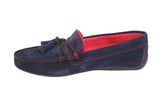 Navy Suede Mask and Knot Tuft with Red Stitching